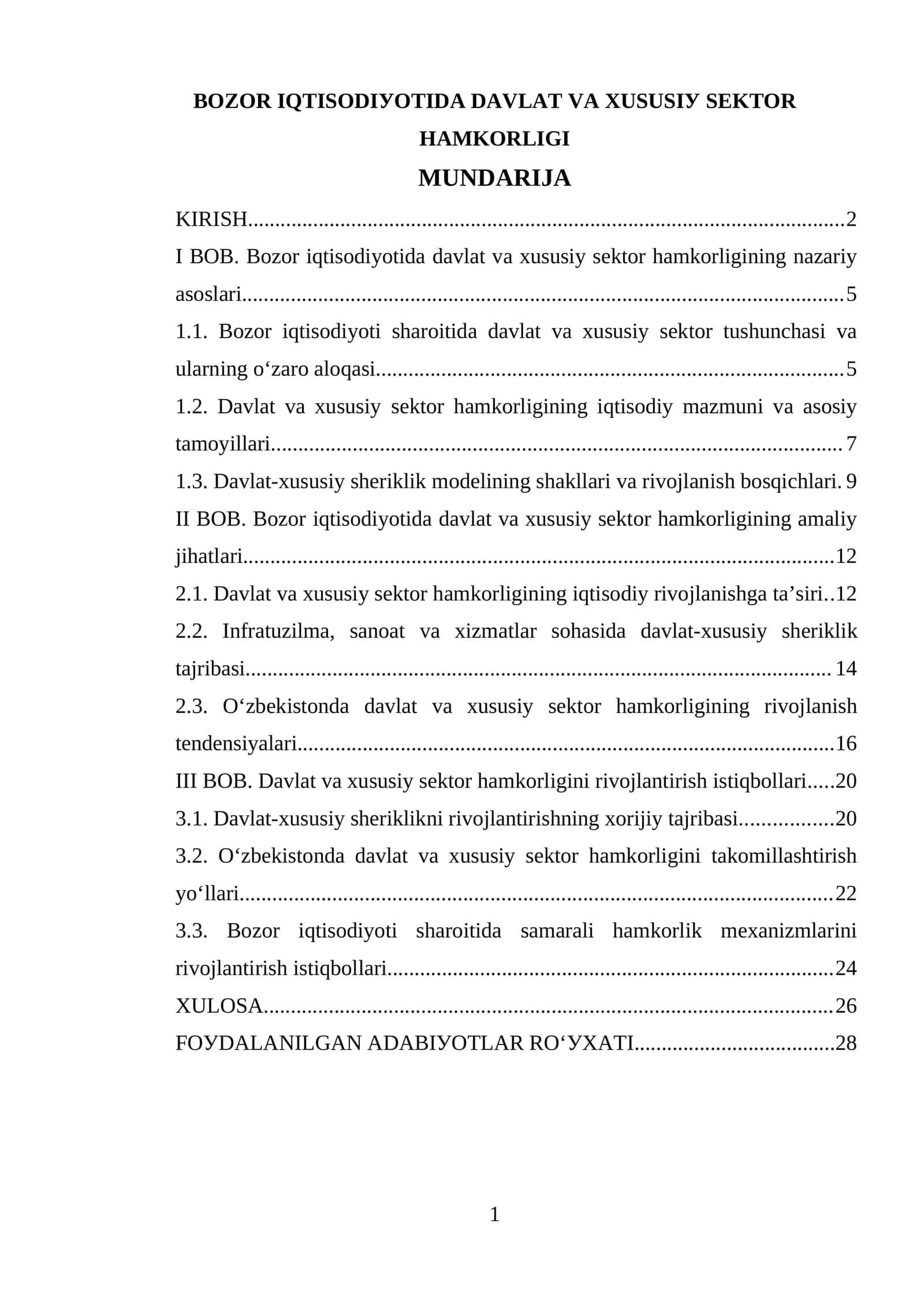 BOZOR IQTISODIYOTIDA DAVLAT VA XUSUSIY SEKTOR HAMKORLIGI 1