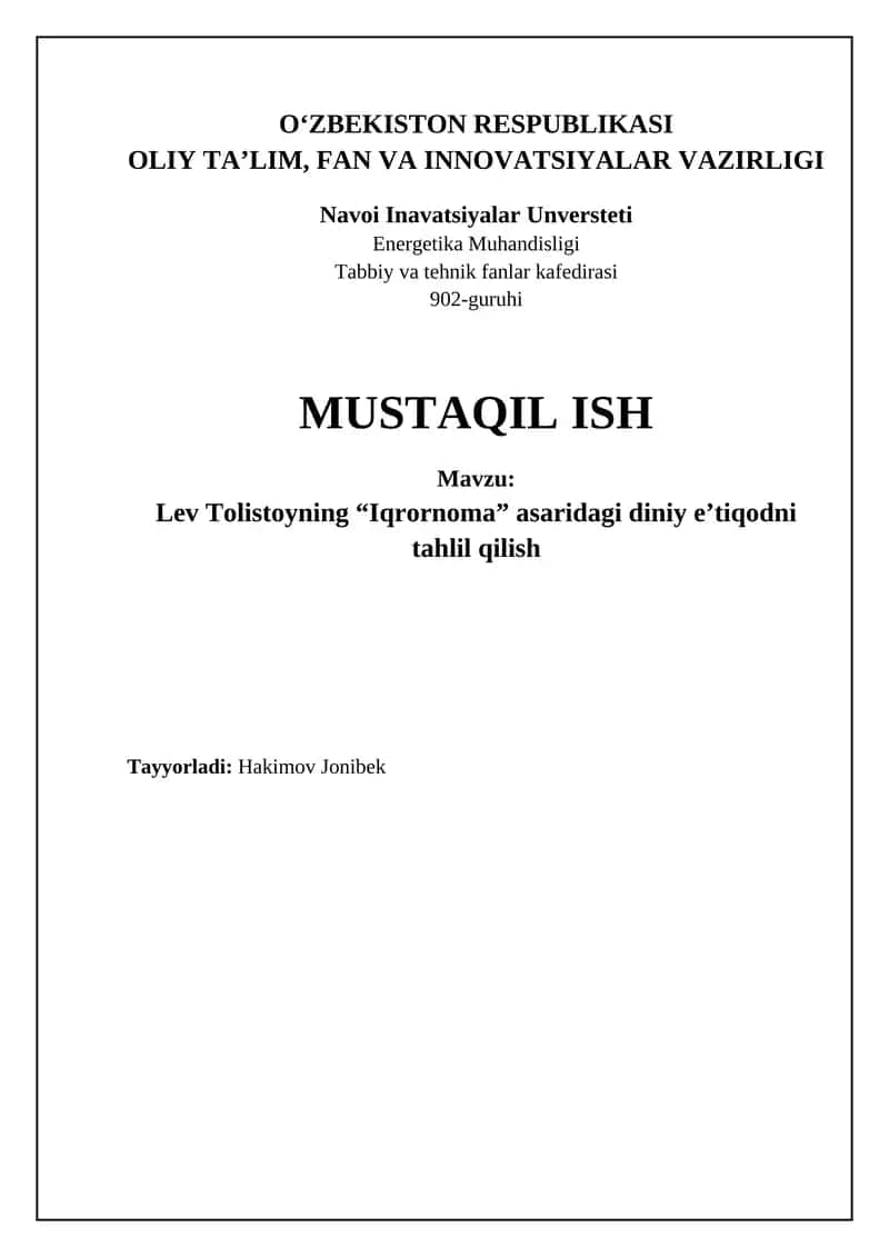 Lev Tolistoyning "Iqronoma" asaridagi diniy e’tiqodni tahlil qilish 1