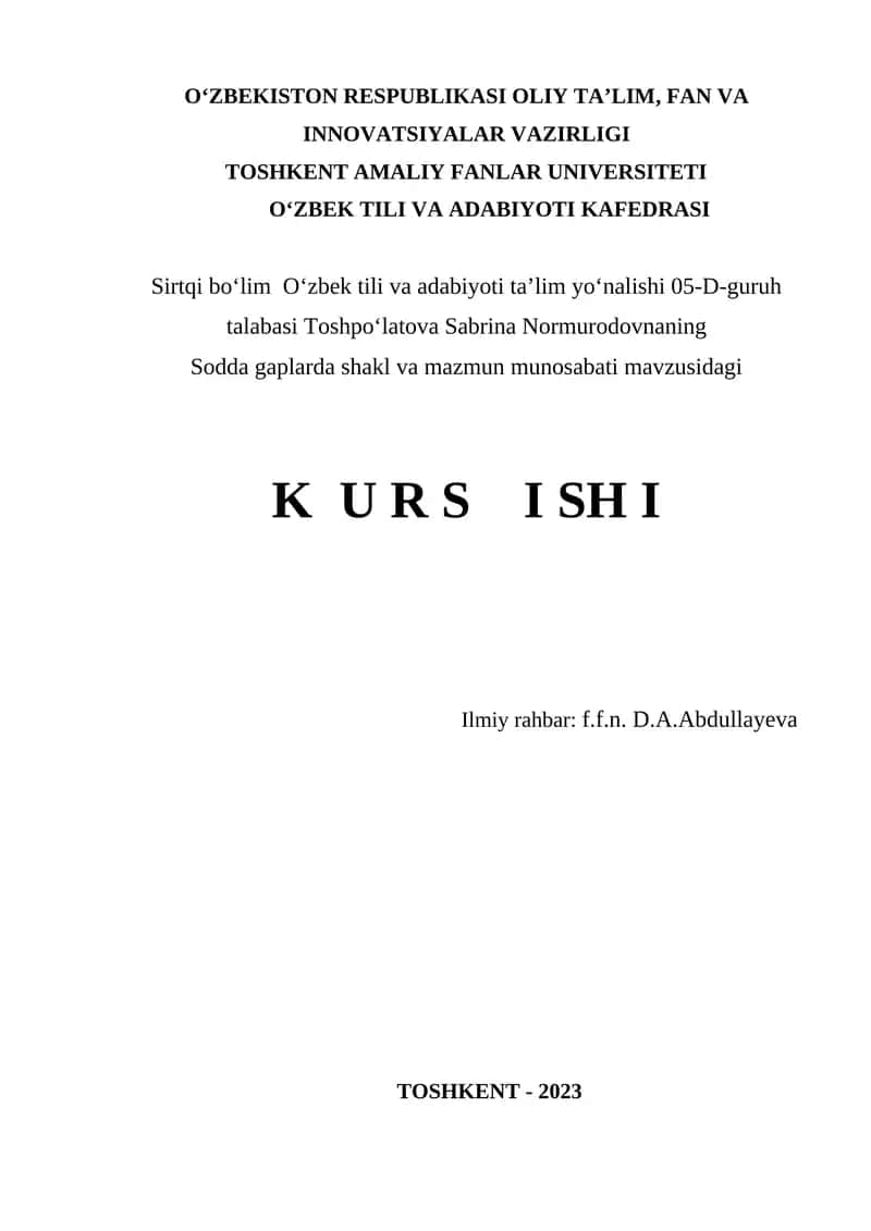 Sodda gaplarda shakl va mazmun munosabati mavzusidagi kurs ishi 1