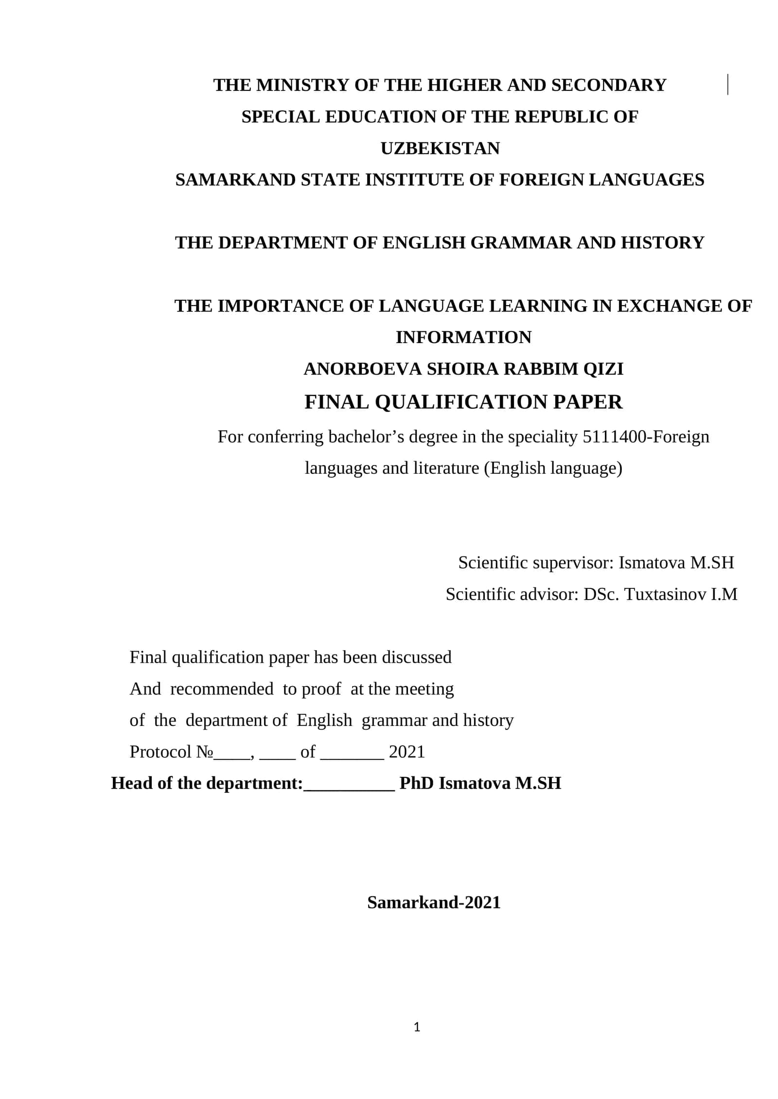 Final Qualification Paper on Language Learning 1