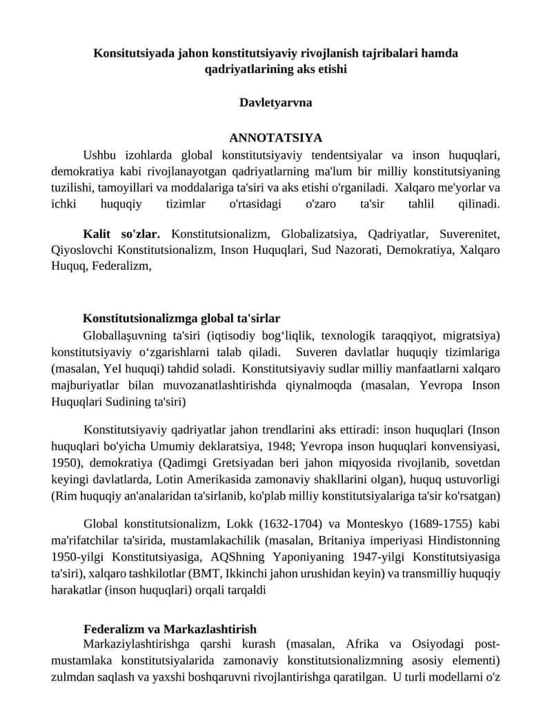 Konstitutsiyada Jahon Konstitutsiyaviy Rivojlanish Tajribalari hamda Qadriyatlarining Aks Etishi 1