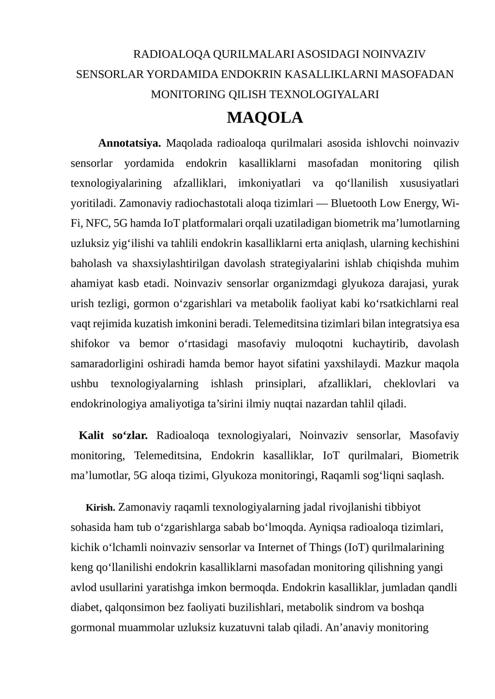 RADIOALOQA QURILMALARI ASOSIDAGI NOINVAZIV SENSORLAR YORDAMIDA ENDOKRIN KASALLIKLARNI MASOFADAN MONITORING QILISH TEXNOLOGIYALARI 1