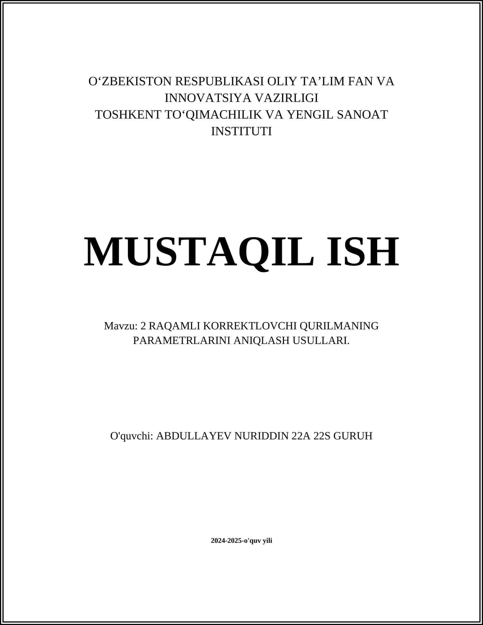 2 RAQAMLI KORREKTLOVCHI QURILMANING PARAMETRLARINI ANIQLASH USULLARI 1