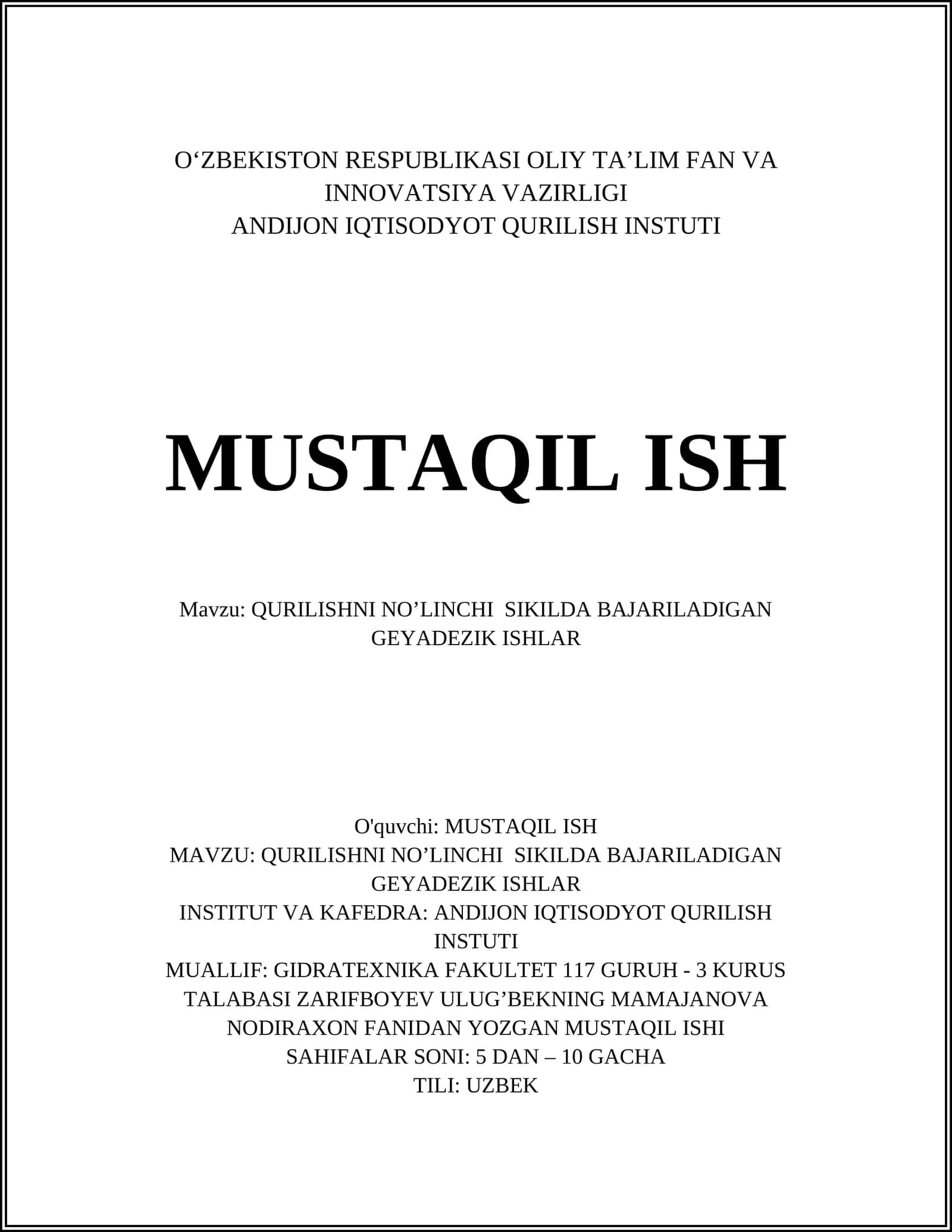 QURILISHNI NO’LINCHI SIKILDA BAJARILADIGAN GEYADEZIK ISHLAR 1