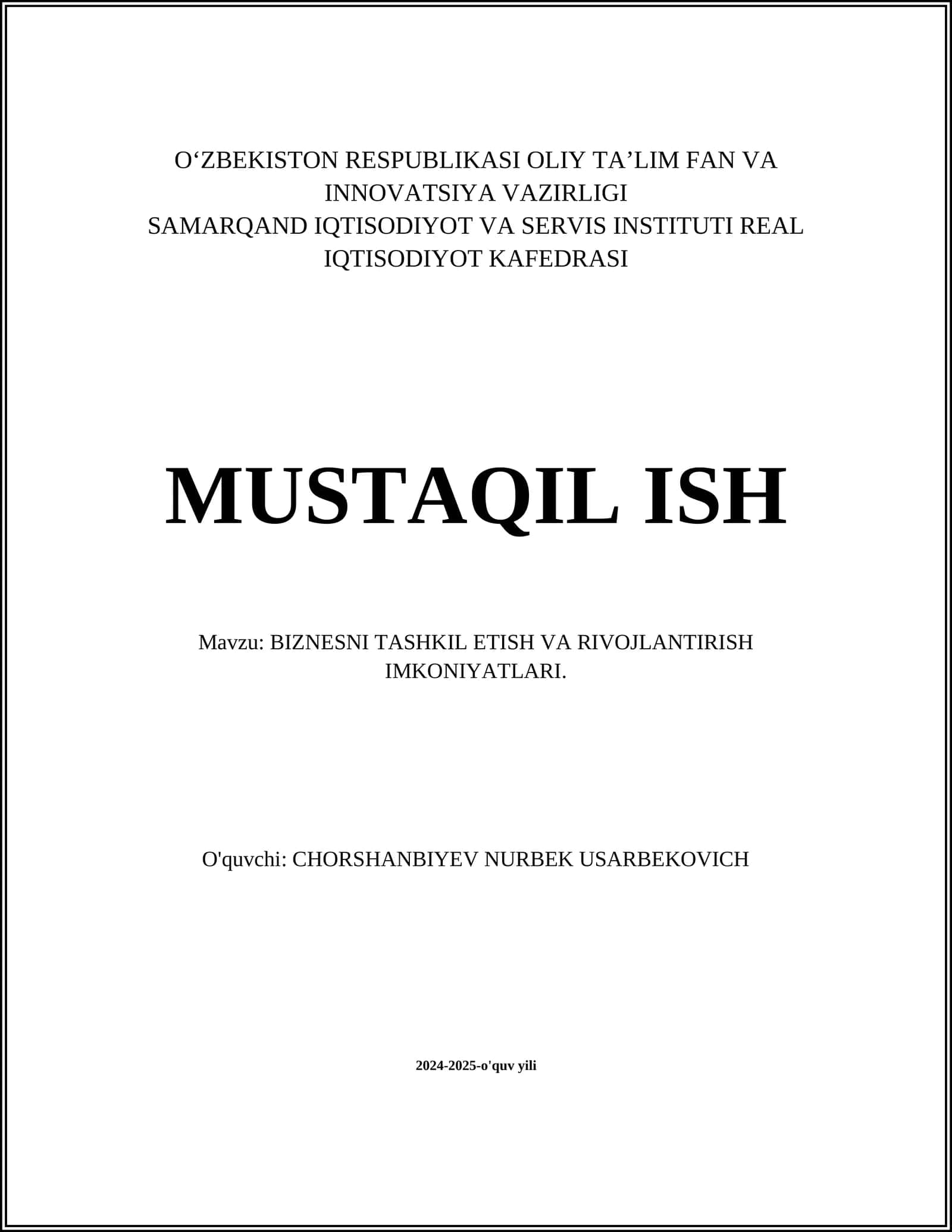 BIZNESNI TASHKIL ETISH VA RIVOJLANTIRISH IMKONIYATLARI 1