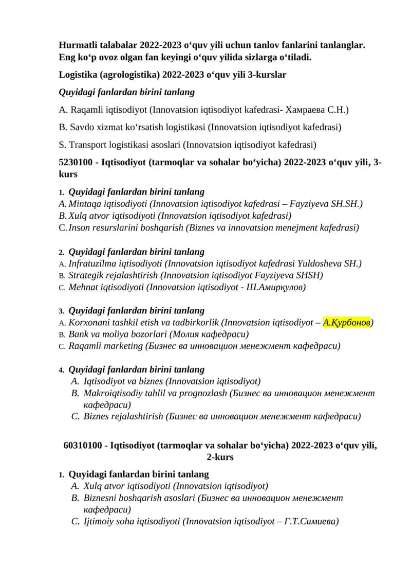Logistika (agrologistika) 2022-2023 o‘quv yili 3-kurslar 1