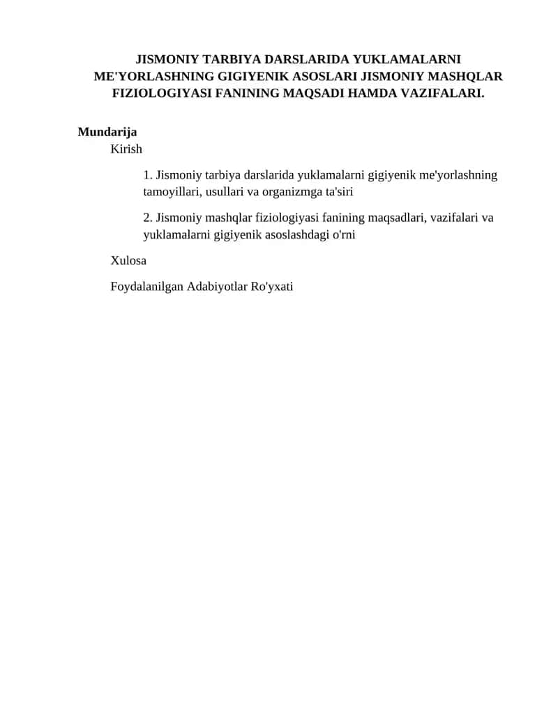Jismoniy Tarbiya Darslarida Yuklamalarni Me'yorlashning Gigiyenik Asoslari Jismoniy Mashqlar Fiziologiyasi FANINING MAQSADI HAMDA VAZIFALARI 1