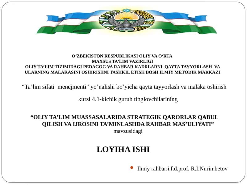OLIY TA’LIM MUASSASALARIDA STRATEGIK QARORLAR QABUL QILISH VA IJROSINI TA’MINLASHDA RAHBAR MAS’ULIYATI 1