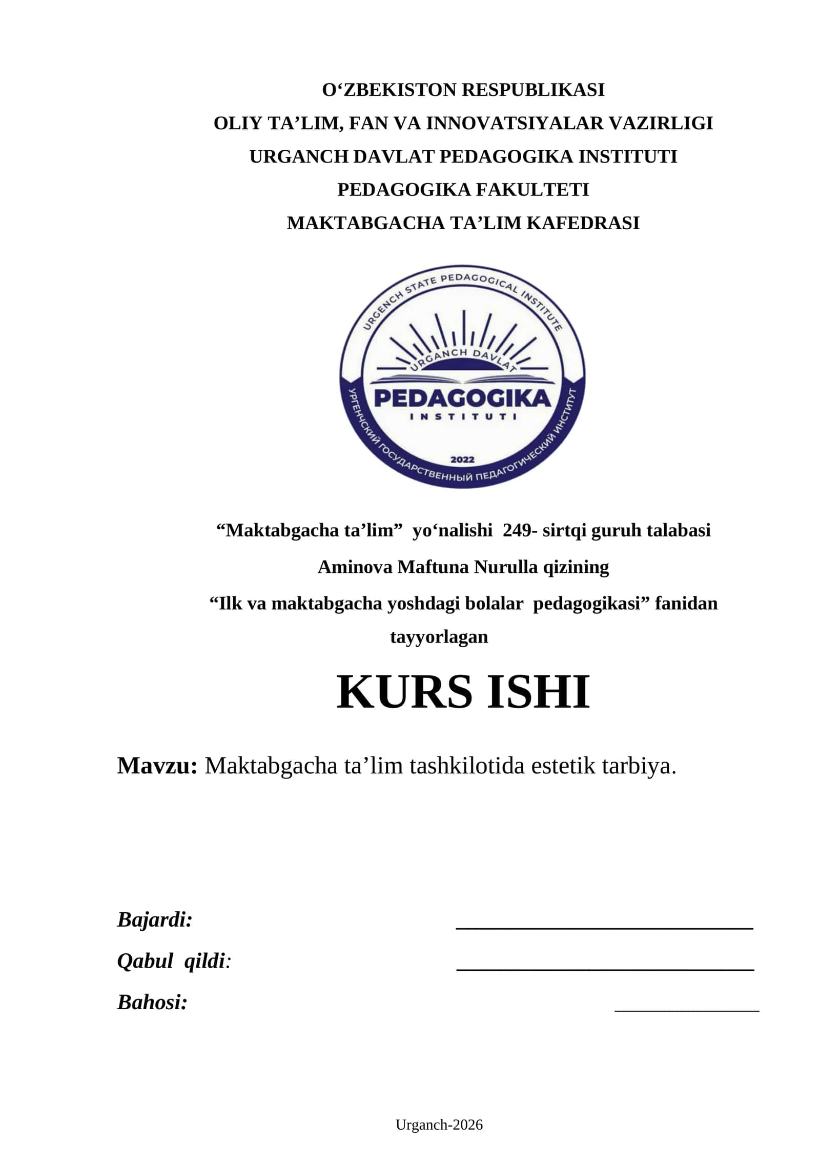 Maktabgacha ta’lim tashkilotida estetik tarbiya 1