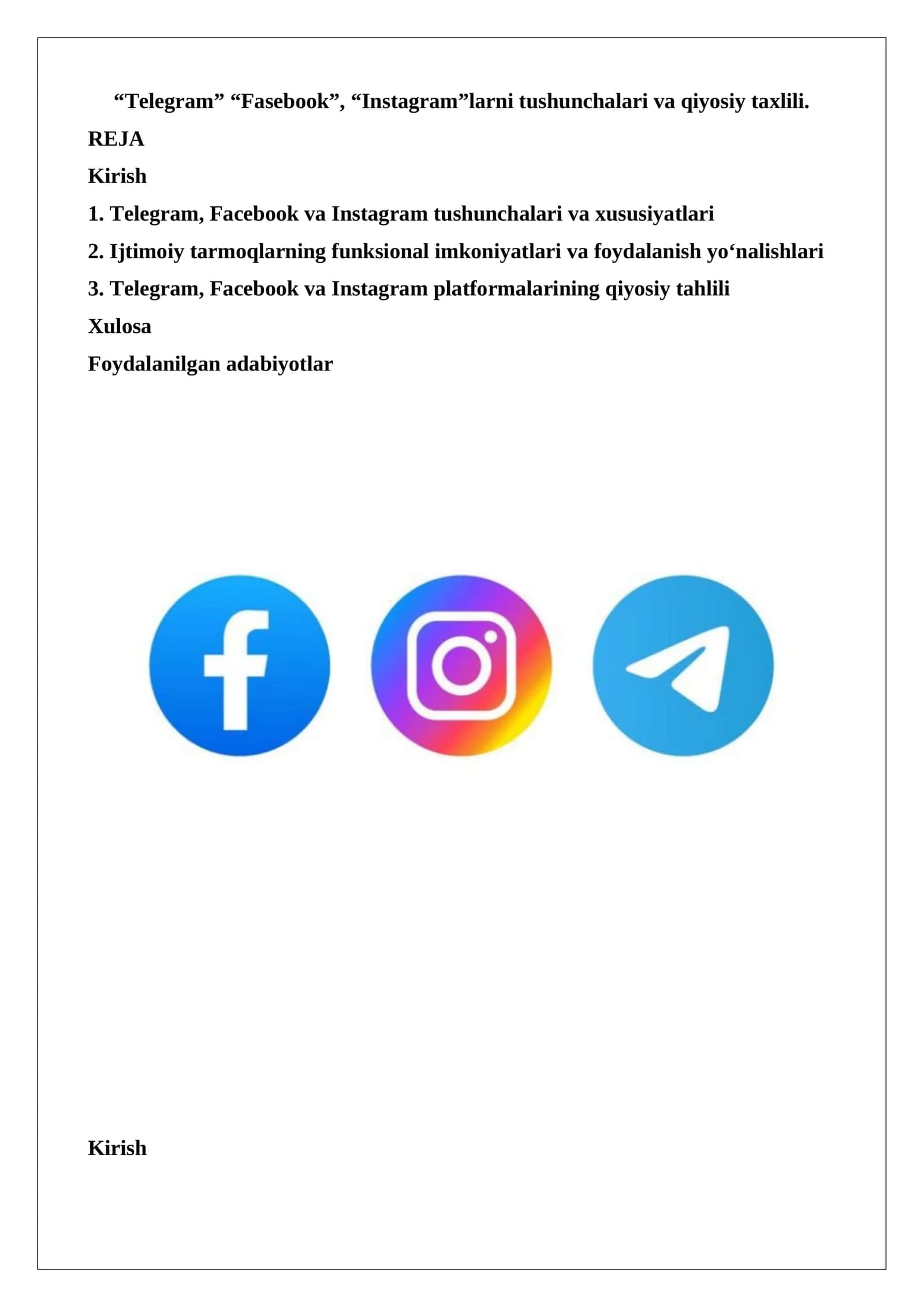 Telegram, Facebook va Instagram tushunchalari va qiyosiy taxlili 1