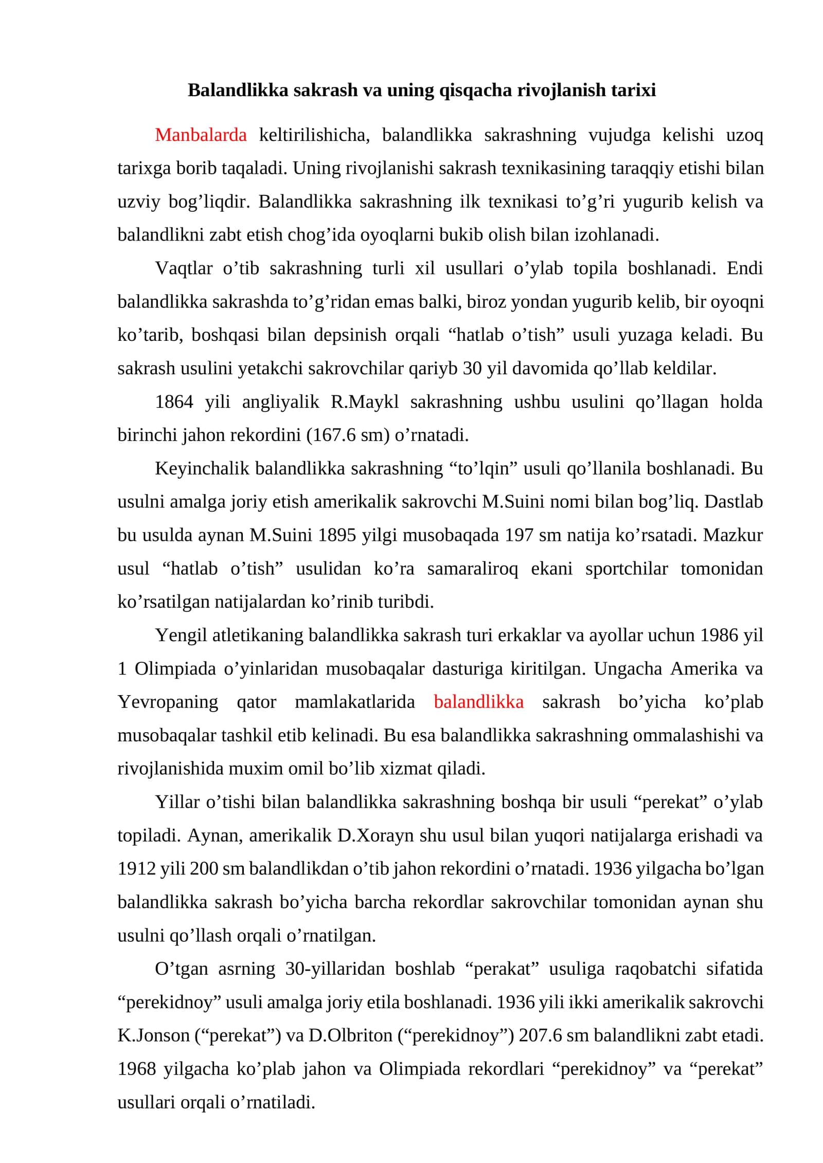Balandlikka sakrash va uning qisqacha rivojlanish tarixi 1