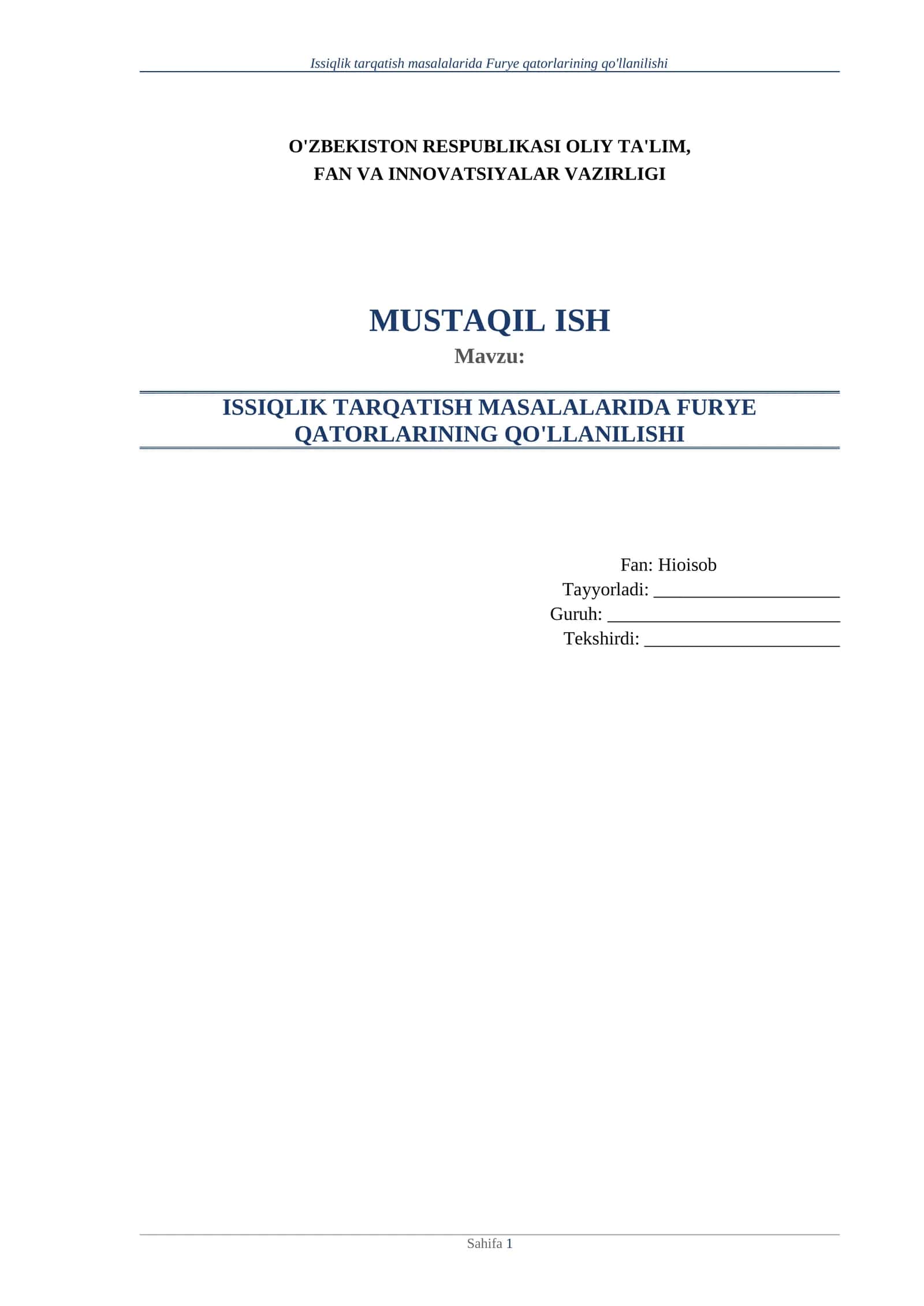 Issiqlik tarqatish masalalarida Furye qatorlarining qo'llanilishi. 1
