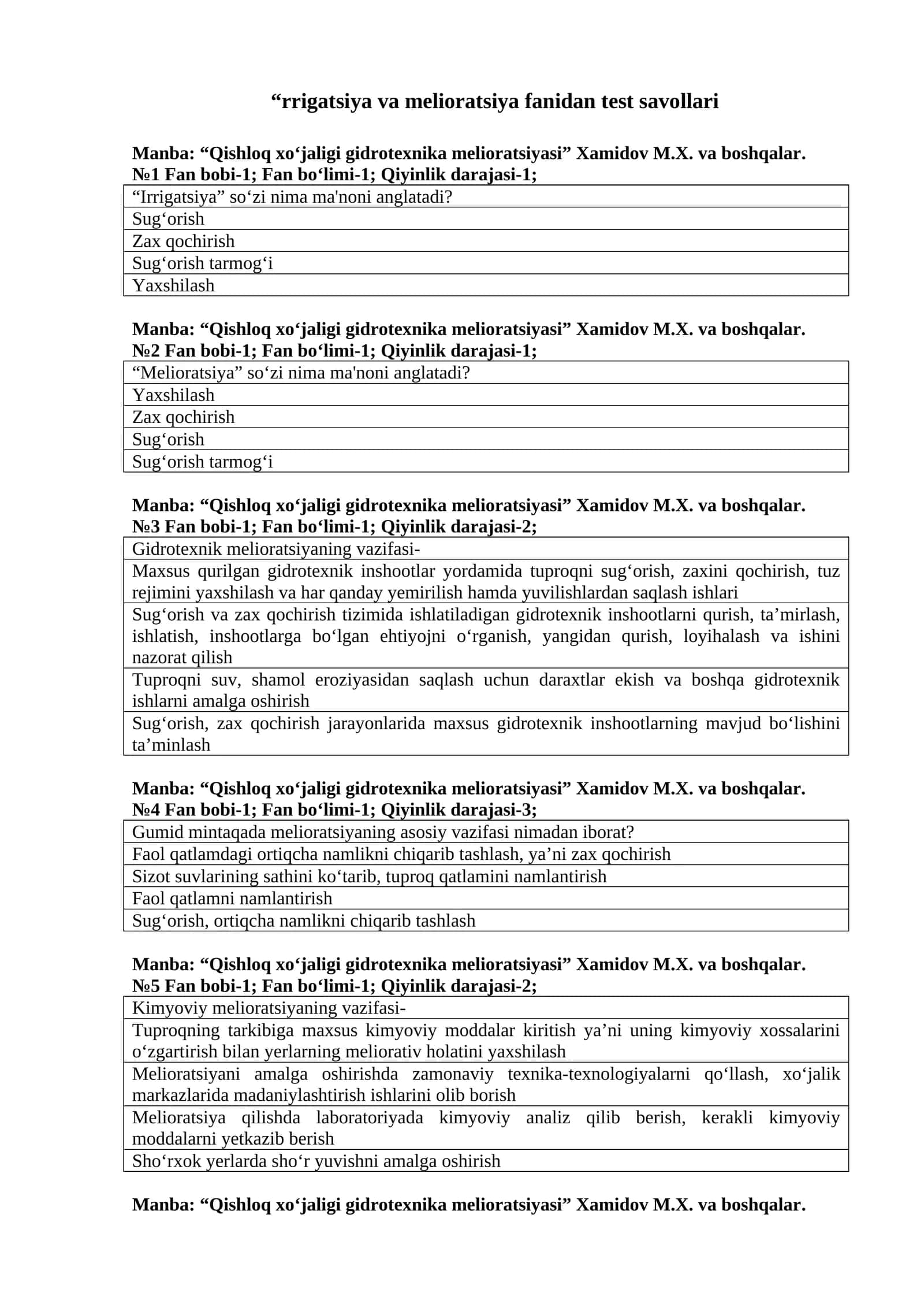 Irrigatsiya va Melioratsiya fanidan test savollari 1