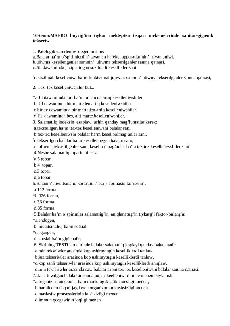 16-tema:MSEBO buyrig’ina tiykar mektepten tisqari mekemelerinde sanitar-gigienik tekseriw 1