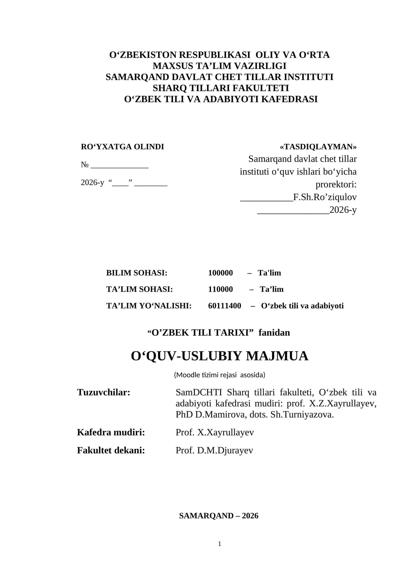 O’ZBEK TILI TARIXI FANIDAN O‘QUV-USLUBIY MAJMUA 1