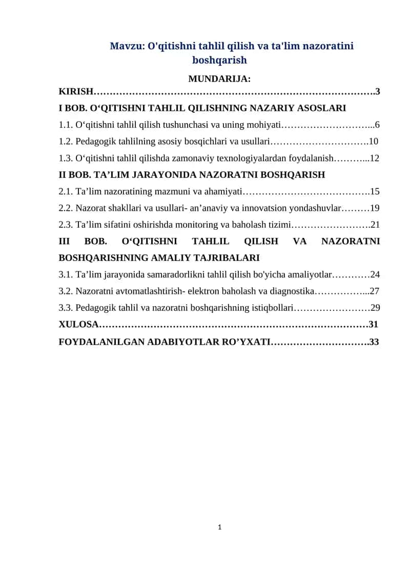 O'qitishni tahlil qilish va ta'lim nazoratini boshqarish 1