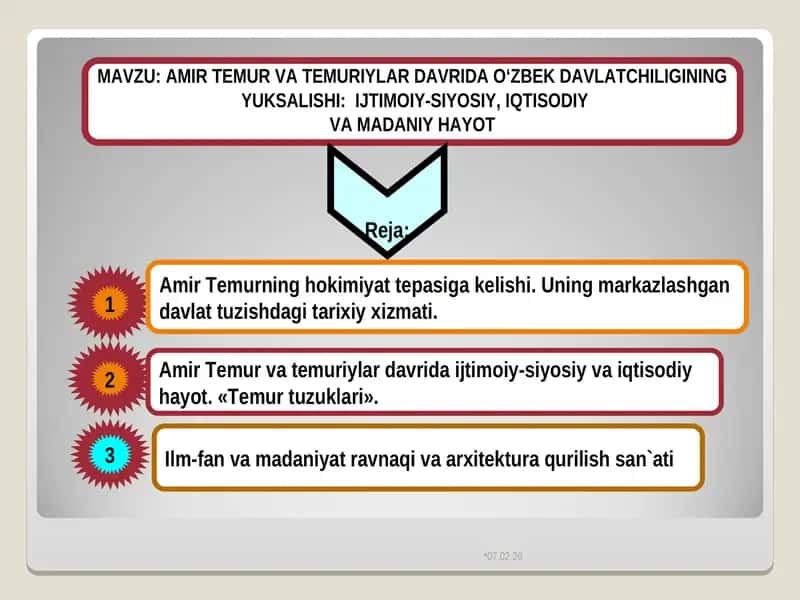 AMIR TEMUR VA TEMURIYLAR DAVRIDA O‘ZBEK DAVLATCHILIGINING  YUKSALISHI:  IJTIMOIY-SIYOSIY, IQTISODIY  VA MADANIY HAYOT 1