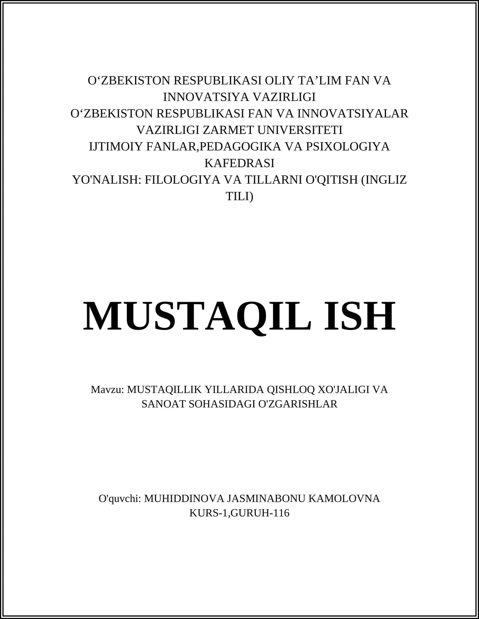 MUSTAQILLIK YILLARIDA QISHLOQ XO'JALIGI VA SANOAT SOHASIDAGI O'ZGARISHLAR 1