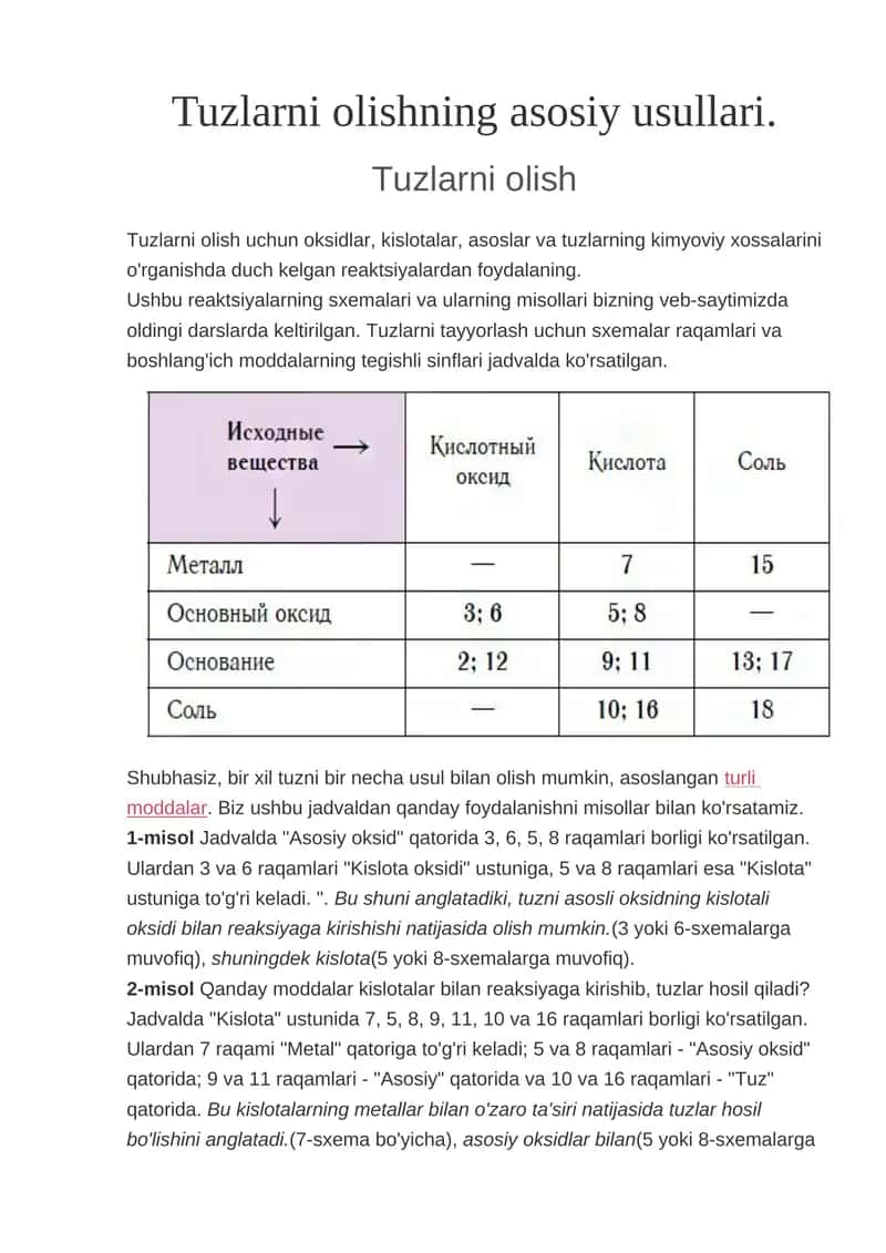 Tuzlarni olishning asosiy usullari 1