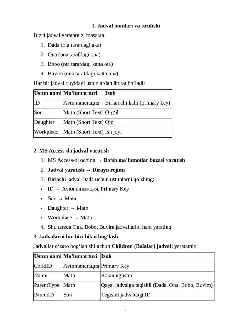 MS Access-da jadval yaratish 1