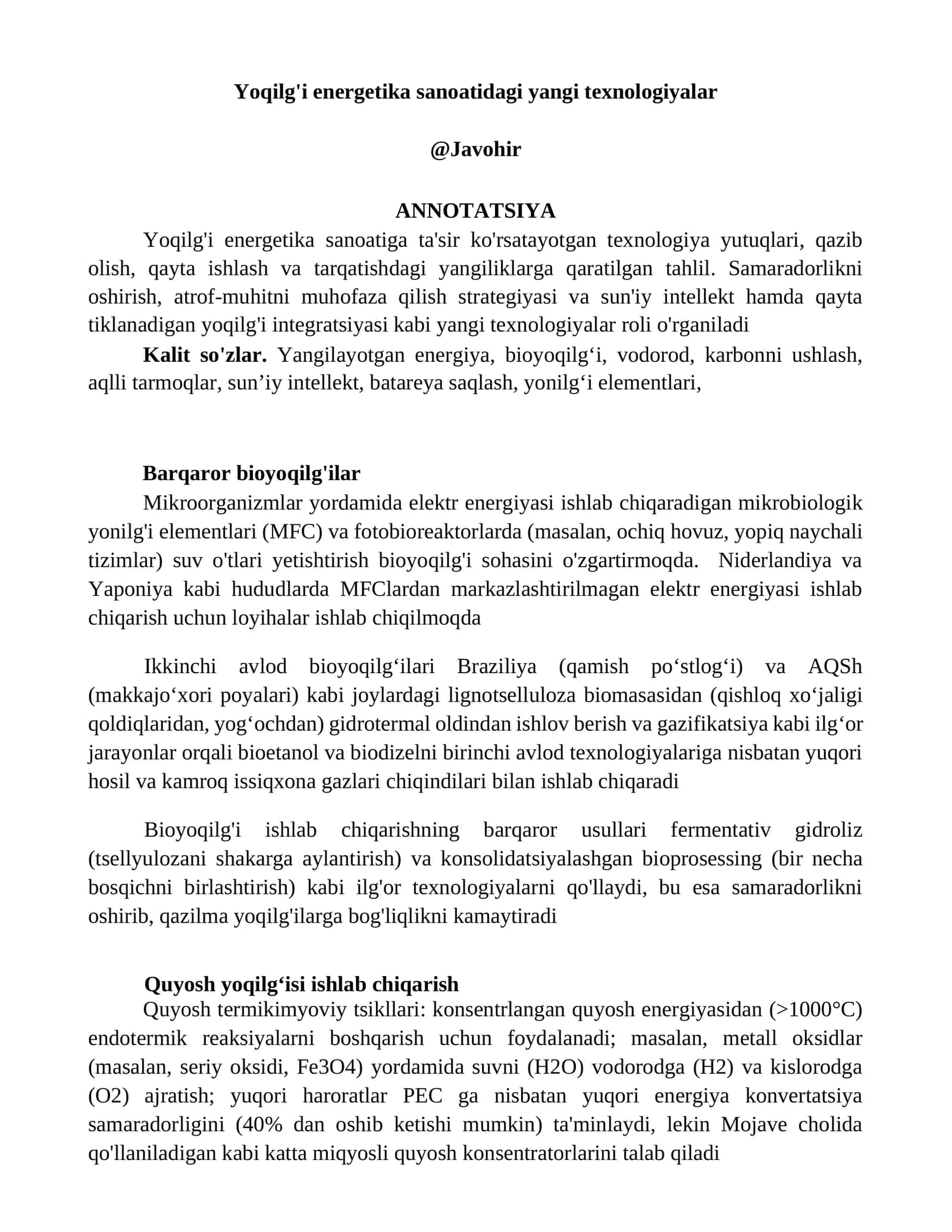 Yoqilg'i energetika sanoatidagi yangi texnologiyalar 1