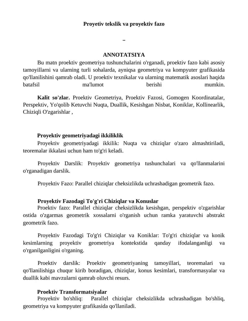 Proyektiv tekslik va proyektiv fazo 1