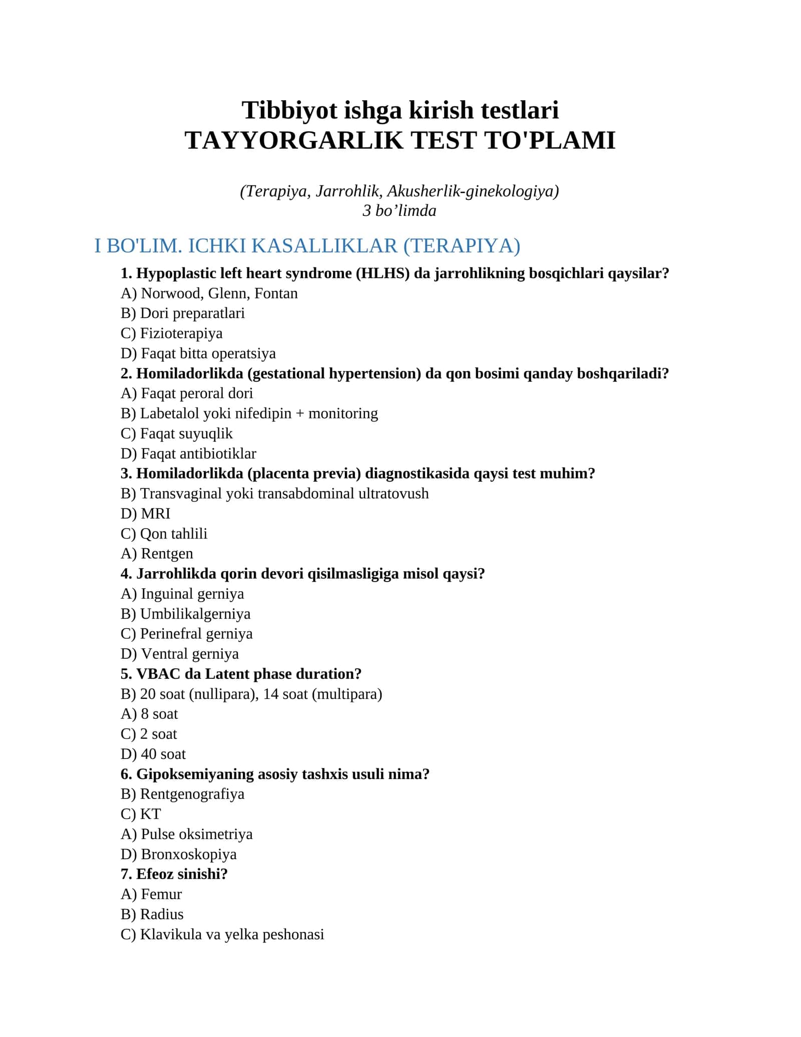 Tibbiyot ishga kirish testlari 1