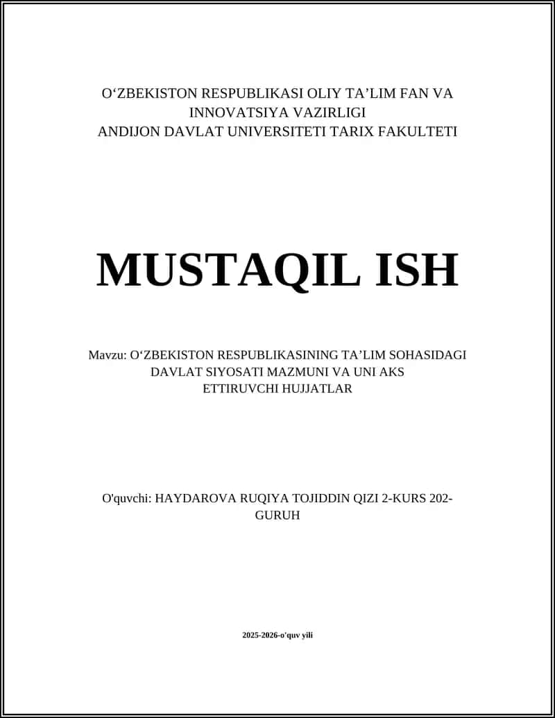 O'ZBEKISTON RESPUBLIKASI TA'LIM SOHASIDAGI DAVLAT SIYOSATI 1