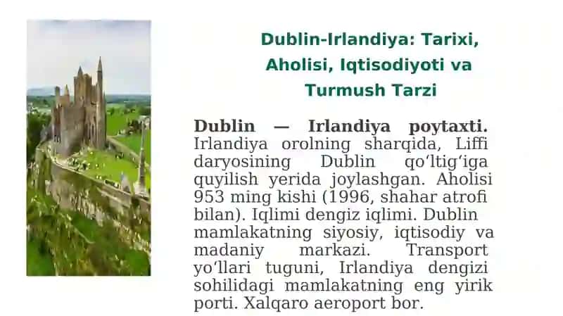 Dublin-Irlandiya: Tarixi, Aholisi, Iqtisodiyoti va Turmush Tarzi