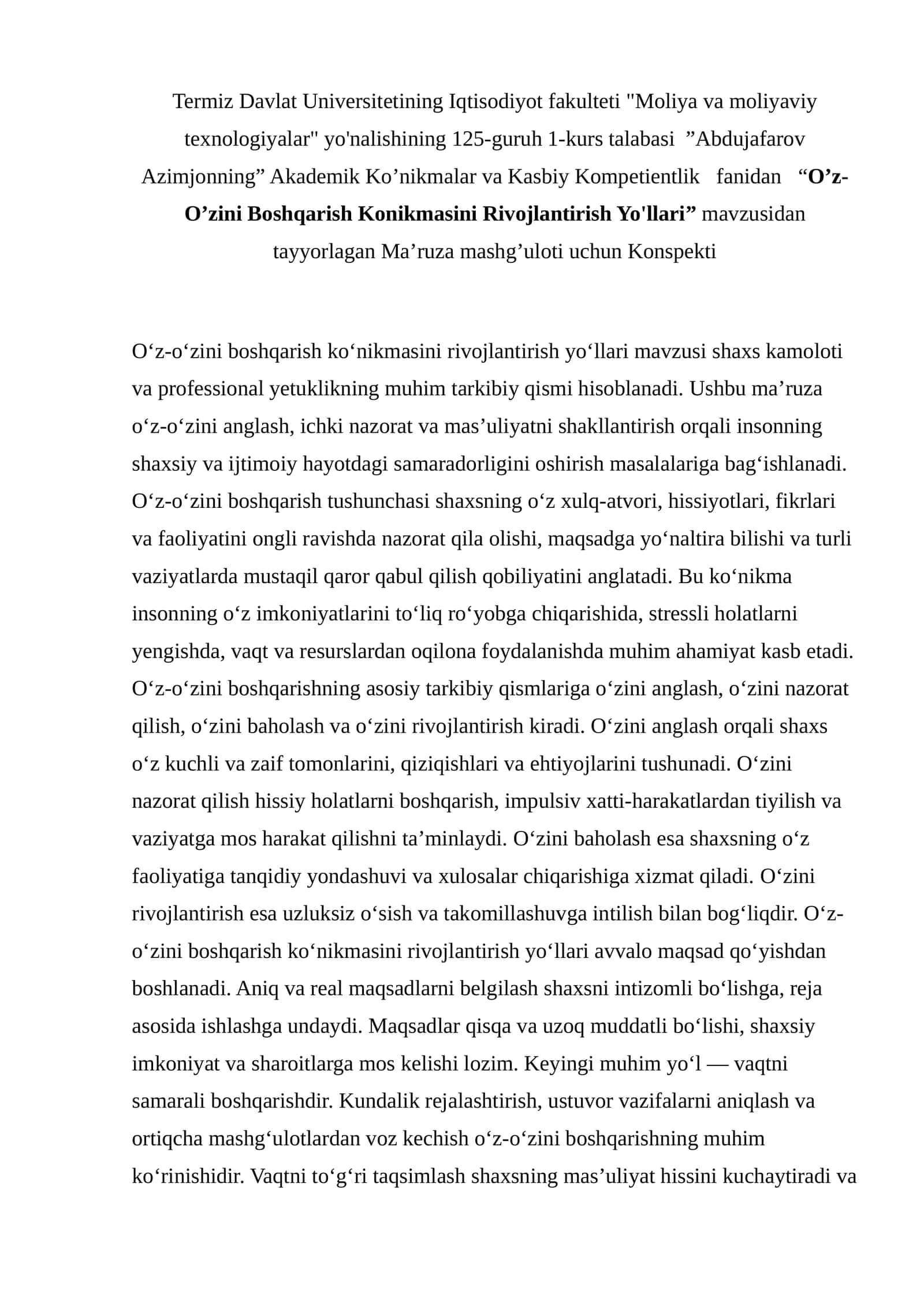 O‘z-O‘zini Boshqarish Konikmasini Rivojlantirish Yo'llari 1