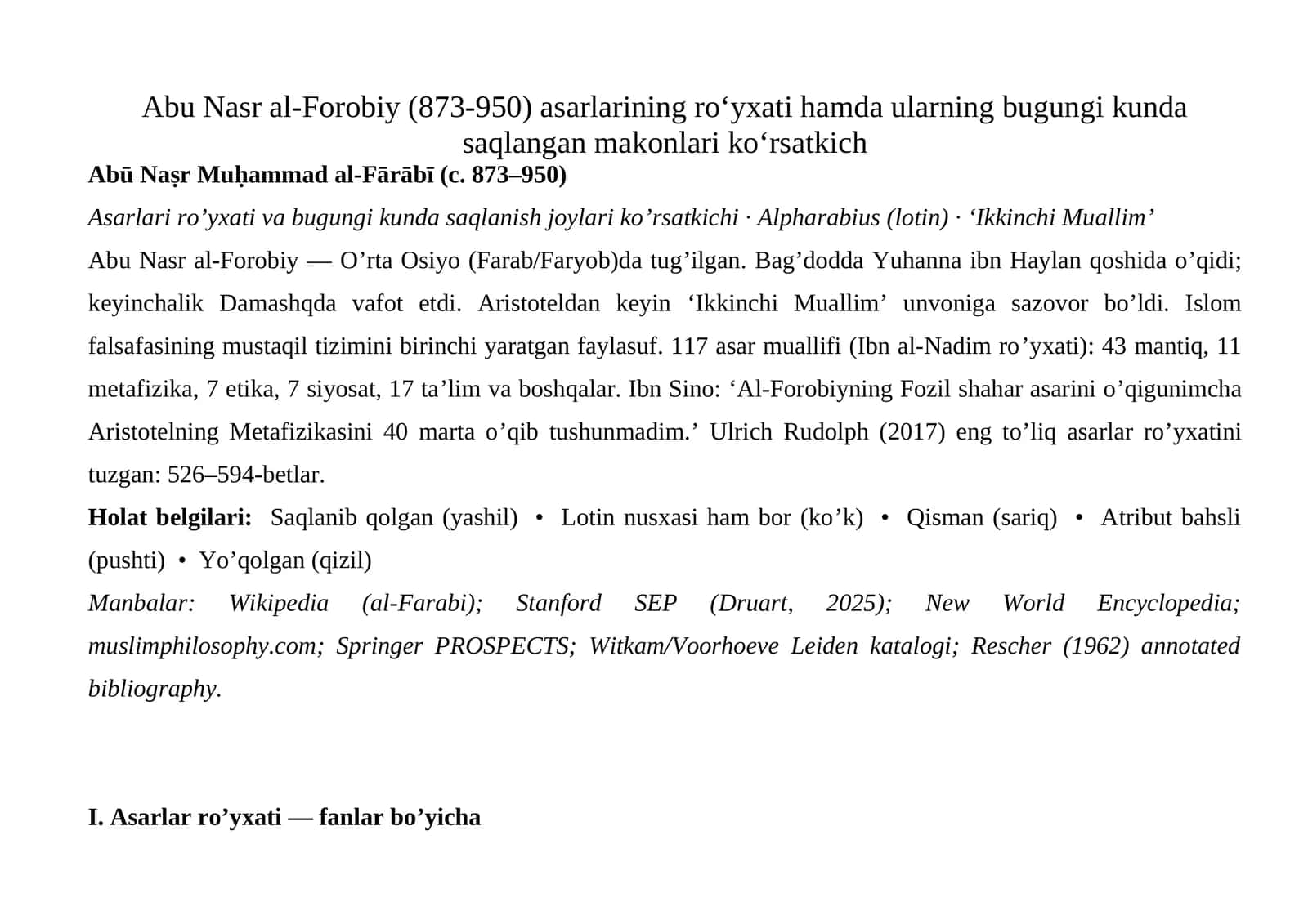 Abu Nasr al-Forobiy (873-950) asarlarining roʻyxati va bugungi kunda saqlanish joylari 1