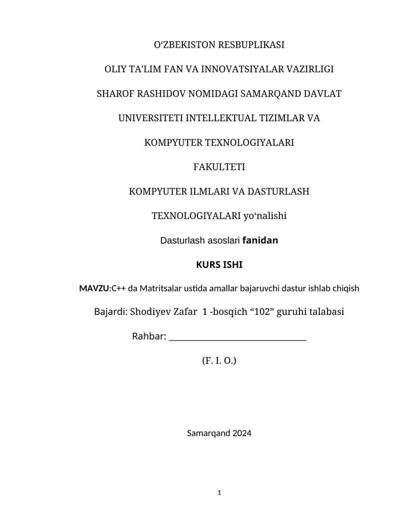 C++ da Matritsalar ustida amallar bajaruvchi dastur 1