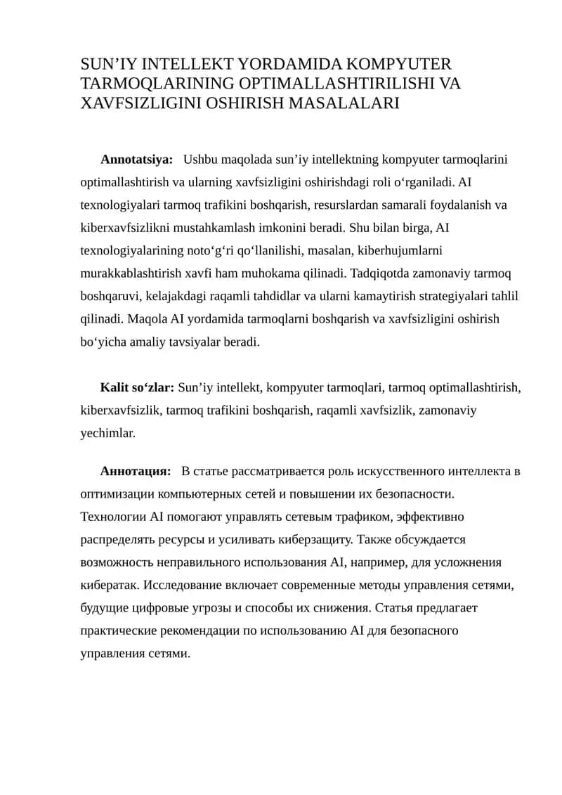 SUN’IY INTELLEKT YORDAMIDA KOMPYUTER TARMOQLARINING OPTIMALLASHTIRILISHI VA XAVFSIZLIGINI OSHIRISH MASALALARI 1