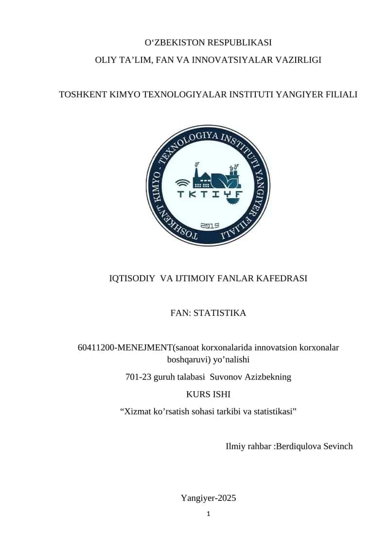 Xizmat ko’rsatish sohasi tarkibi va statistikasi 1