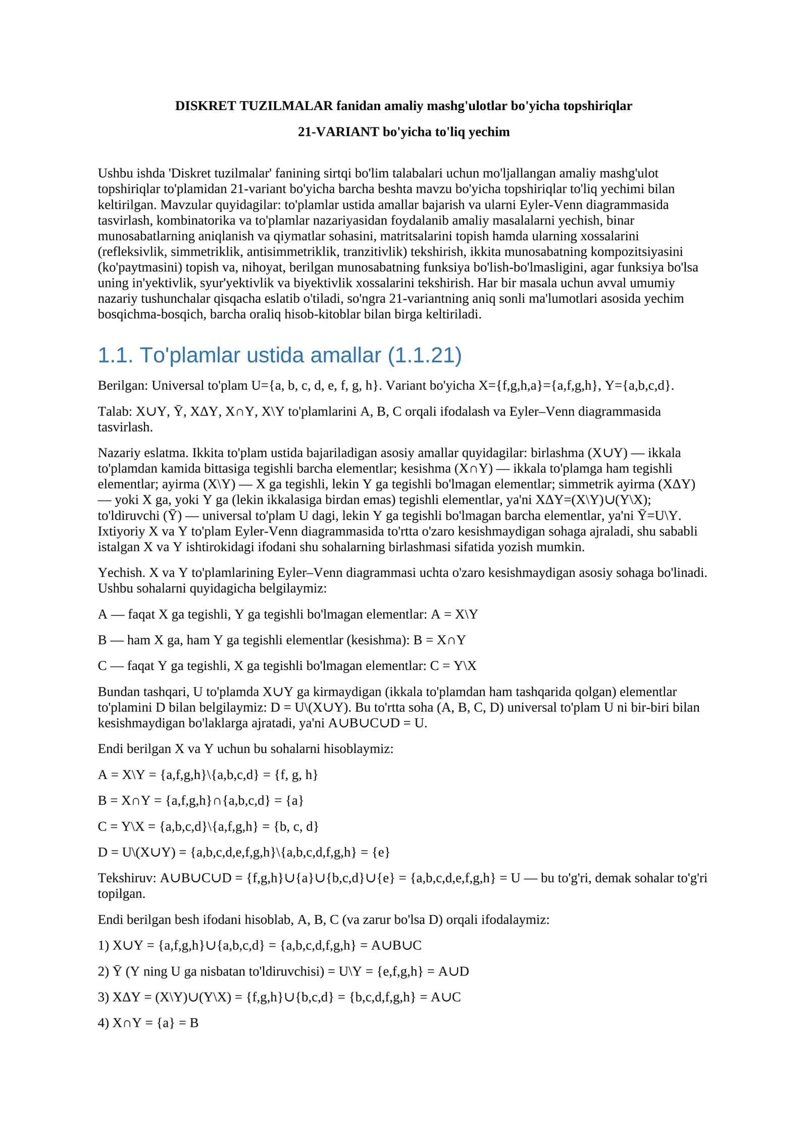 Diskret tuzilmalar fanidan amaliy mashg'ulotlar bo'yicha topshiriqlar 21-VARIANT bo'yicha to'liq yechim 1