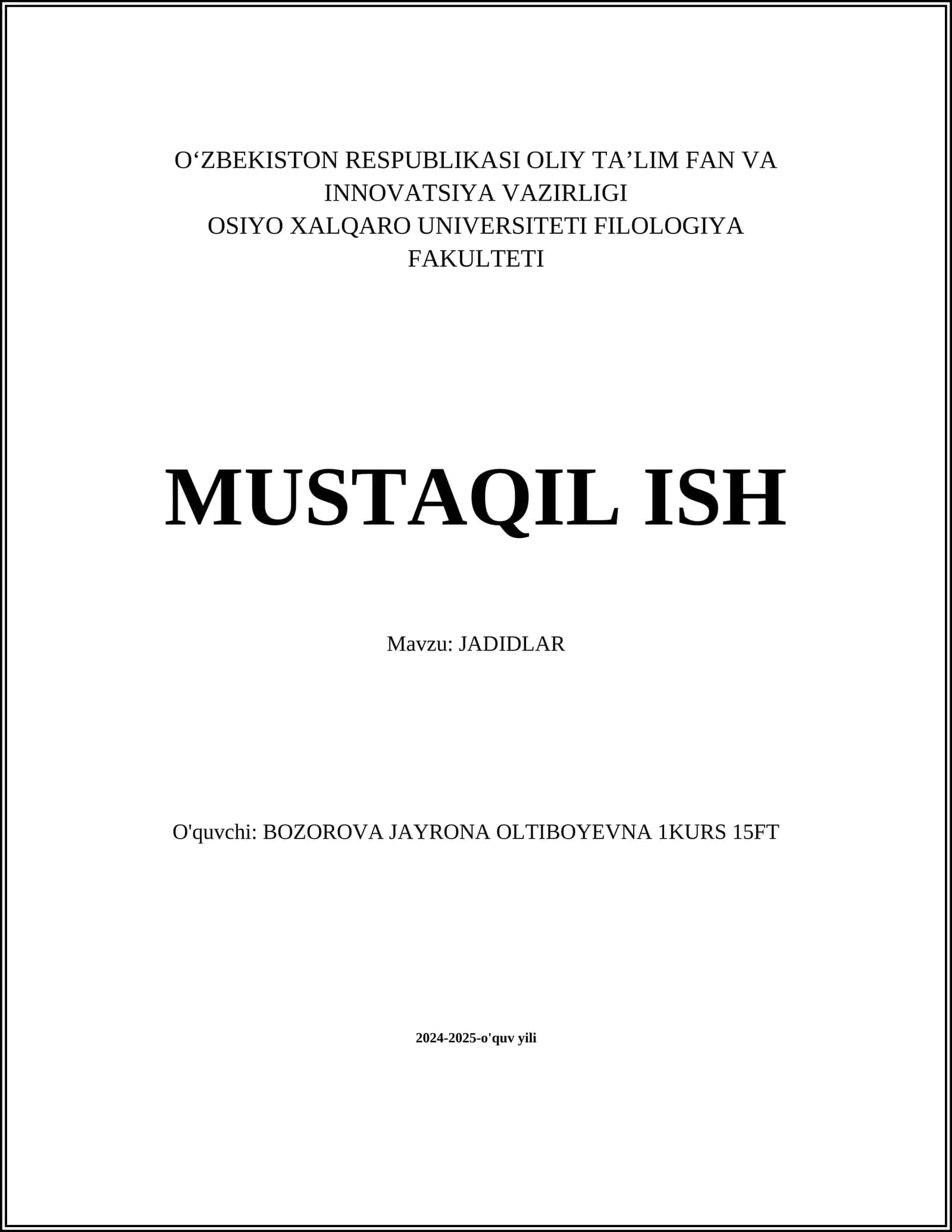 MUSTAQIL ISH Mavzu: JADIDLAR 1