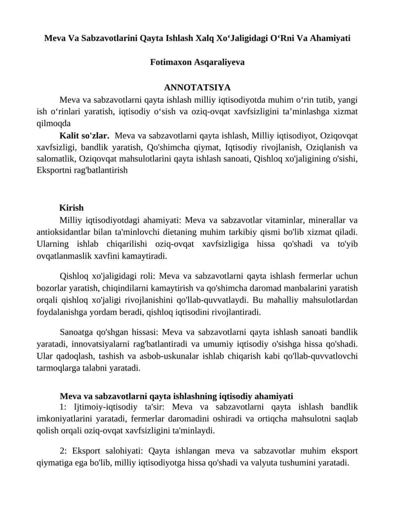 Meva Va Sabzavotlarini Qayta Ishlash Xalq XoʻJaligidagi OʻRni Va Ahamiyati 1