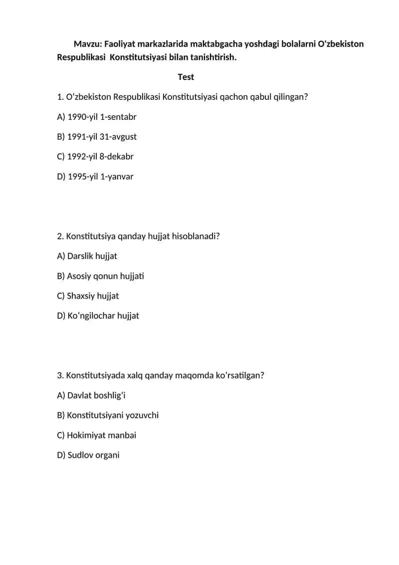 Faoliyat markazlarida maktabgacha yoshdagi bolalarni O'zbekiston Respublikasi Konstitutsiyasi bilan tanishtirish 1