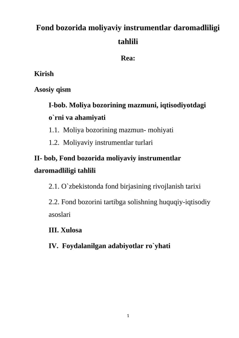 Fond bozorida moliyaviy instrumentlar daromadliligi tahlili 1
