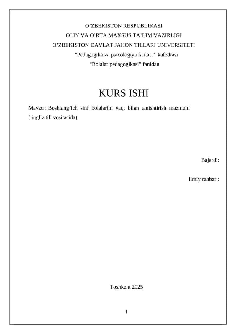 Boshlang’ich  sinf  bolalarini  vaqt  bilan  tanishtirish  mazmuni  ( ingliz tili vositasida) 1