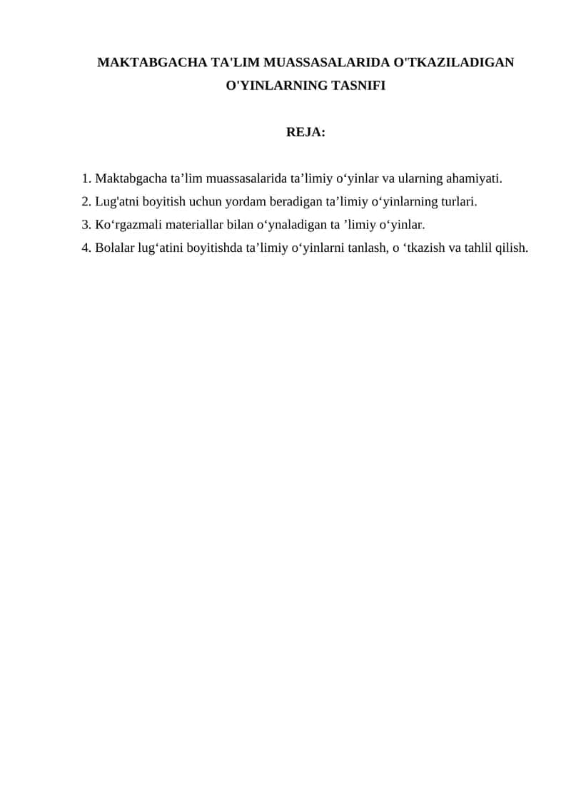 Maktabgacha Ta'lim Muassasalarida O'tkaziladigan O'yinlarning Tasnifi 1