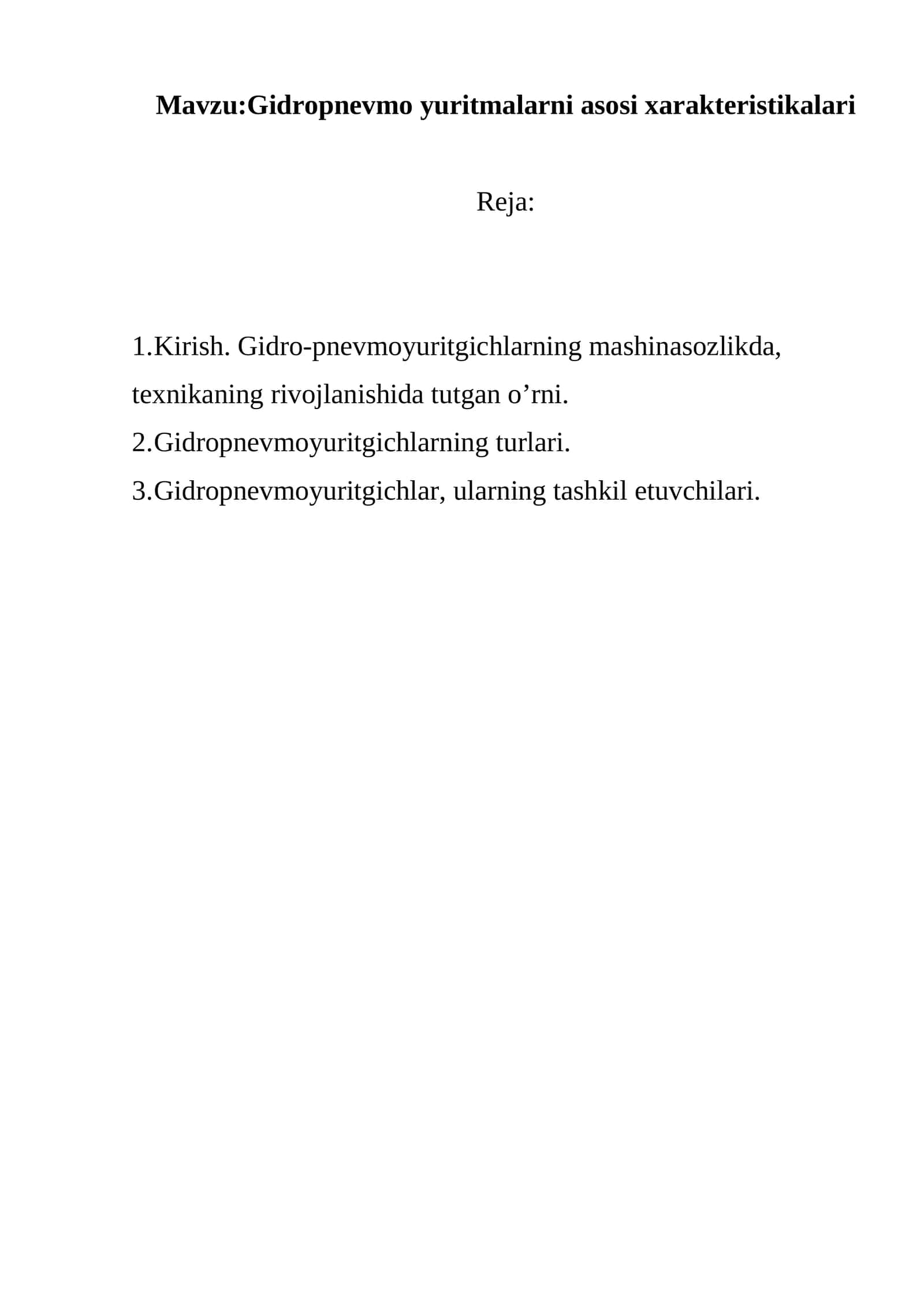 Gidropnevmo yuritmalarni asosi xarakteristikalari 1