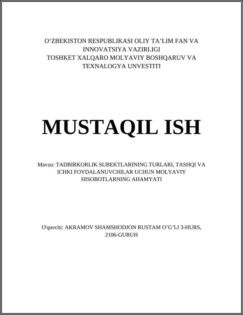 Tadbirkorlik Subyektlarining Turlari 1