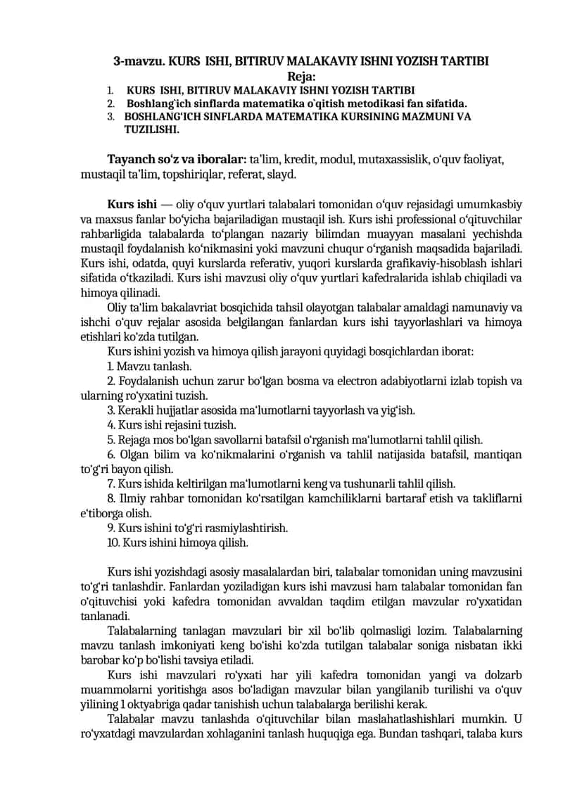 KURS ISHI, BITIRUV MALAKAVIY ISHNI YOZISH TARTIBI 1