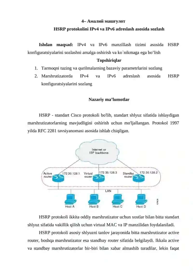 HSRP protokolini IPv4 va IPv6 adreslash asosida sozlash