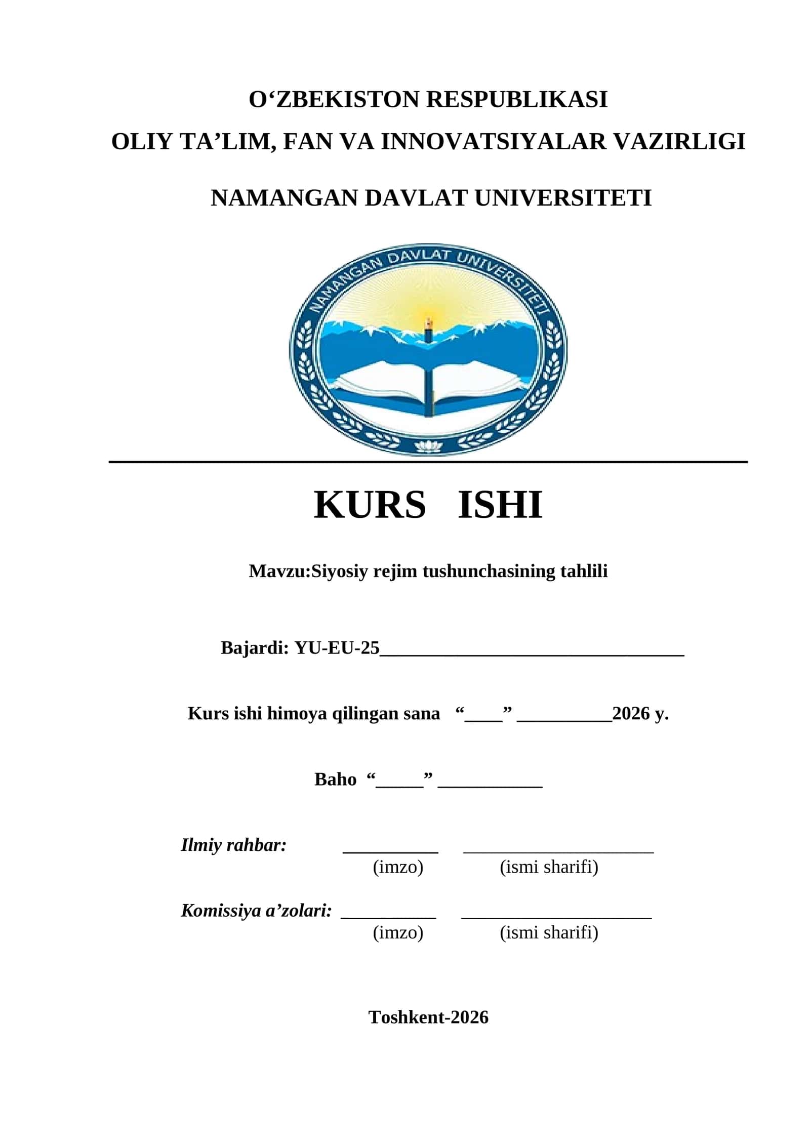 Siyosiy rejim tushunchasining tahlili kurs ishi 1