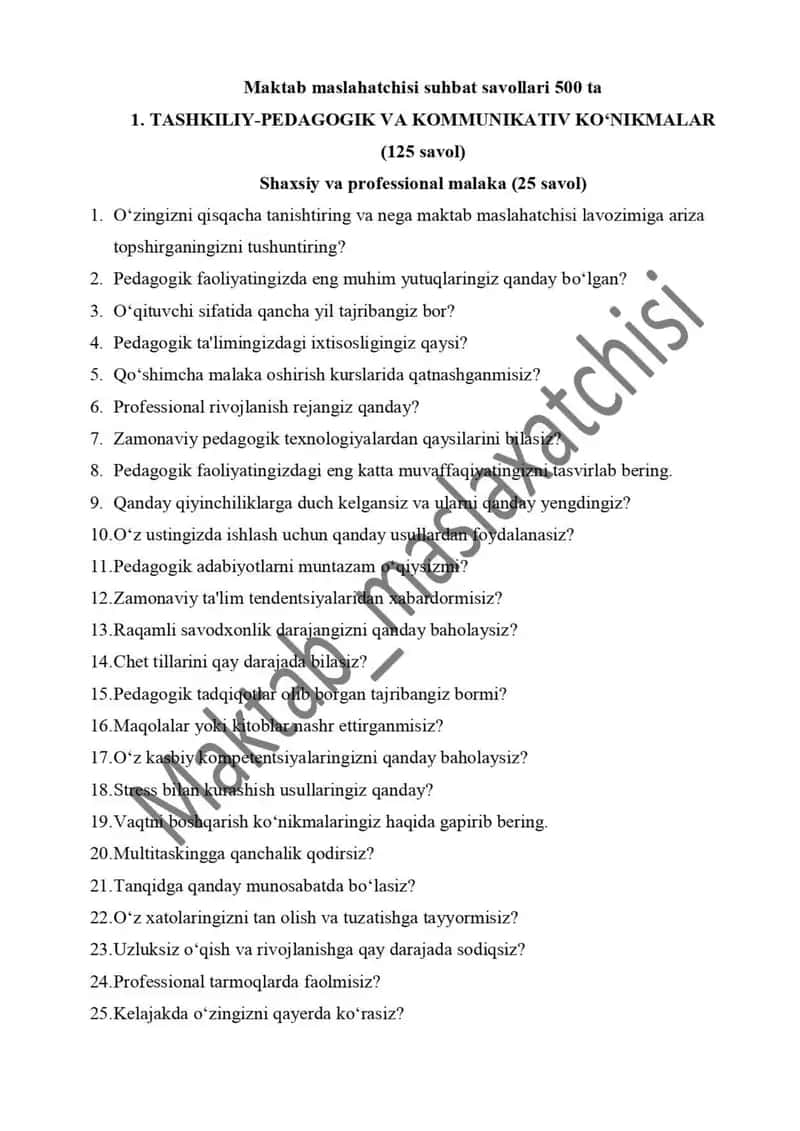 Maktab maslahatchisi savollar 500 ta 1