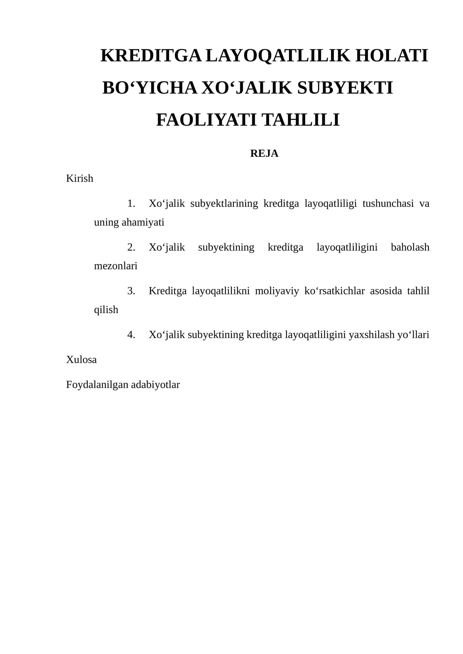 KREDITGA LAYOQATLILIK HOLATI BO‘YICHA XO‘JALIK SUBYEKTI FAOLIYATI TAHLILI 1