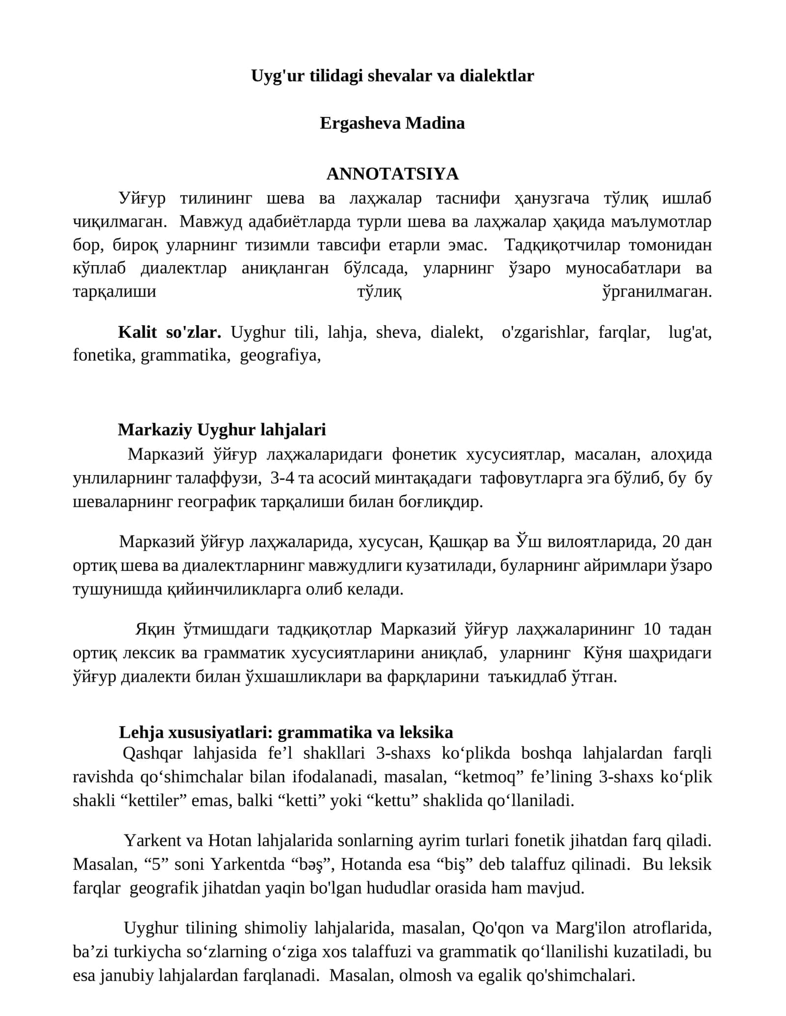 Uyg'ur tilidagi shevalar va dialektlar 1
