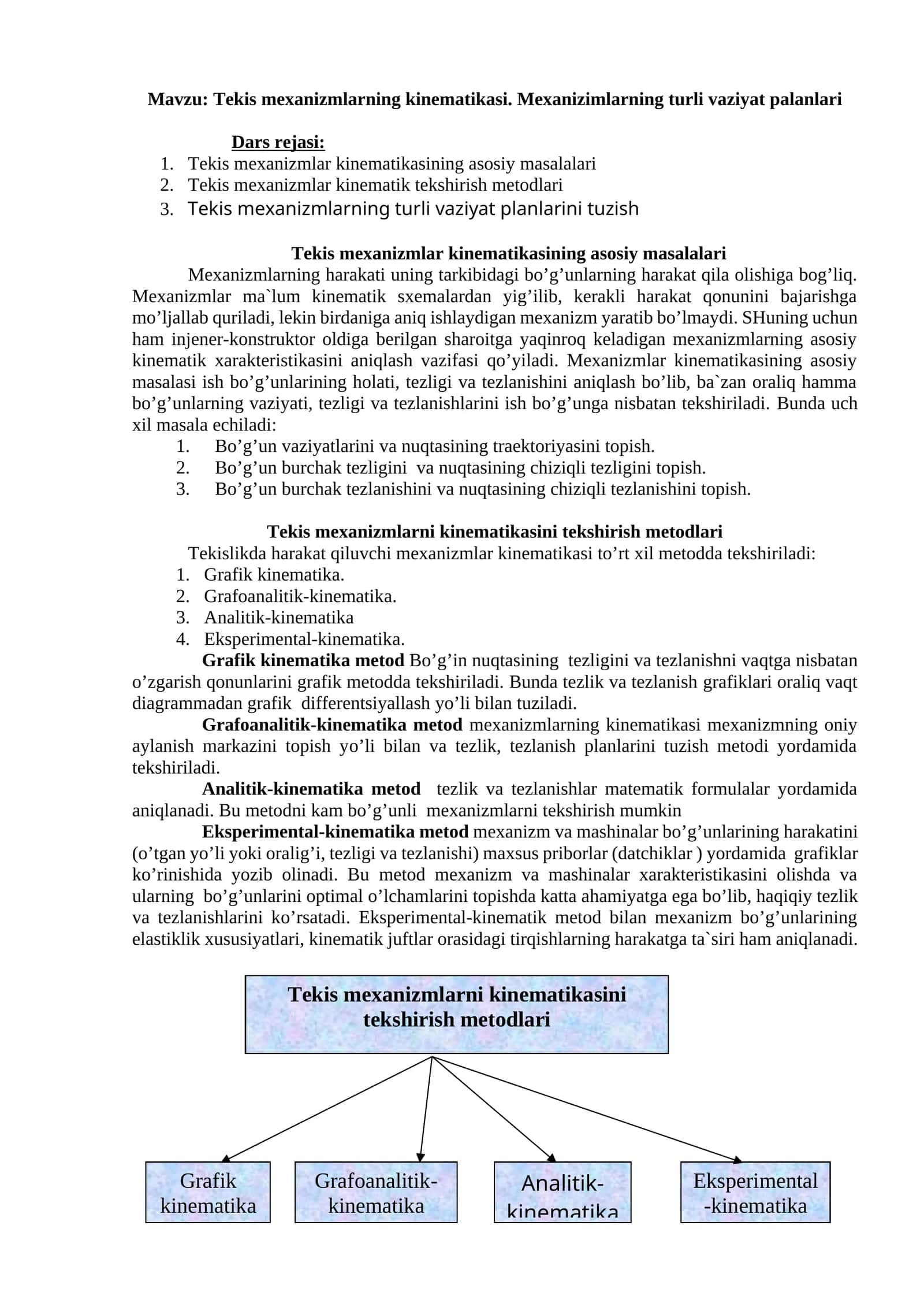 Tekis mexanizmlarning kinematikasi. Mexanizmlarning turli vaziyat palanlari 1